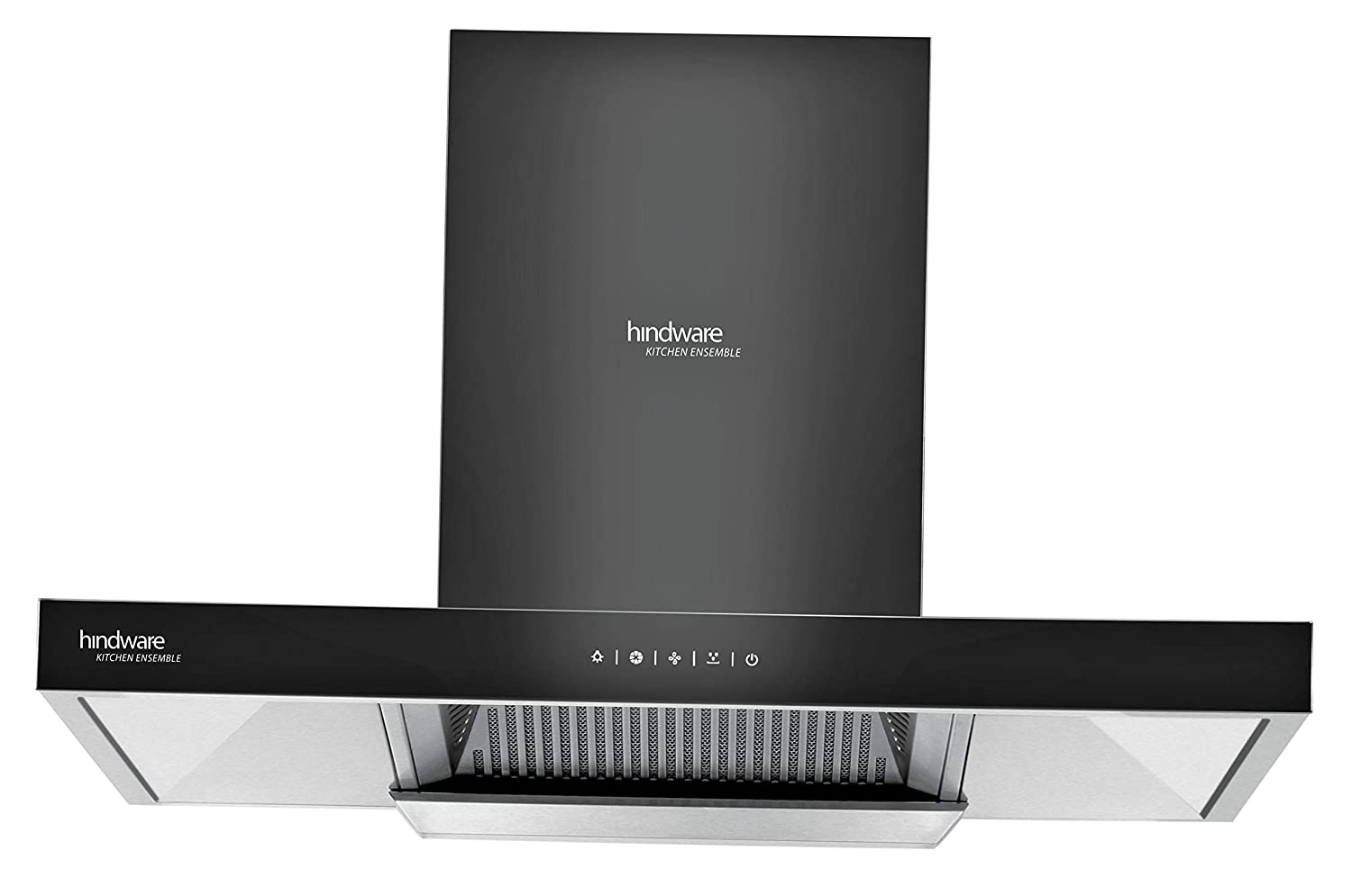 HINDWARE 90 CM 1200 M³/HR AUTO-CLEAN ANGULAR KITCHEN CHIMNEY (C100161, FILTERLESS TECHNOLOGY, TOUCH CONTROL, BLACK AND INOX)