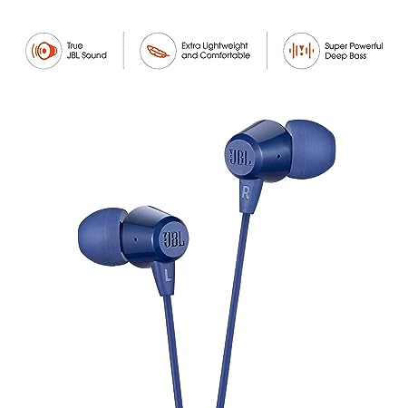 JBL C50HI, WIRED IN EAR HEADPHONES WITH MIC, ONE BUTTON MULTI-FUNCTION REMOTE, LIGHTWEIGHT & COMFORTABLE FIT (BLUE)