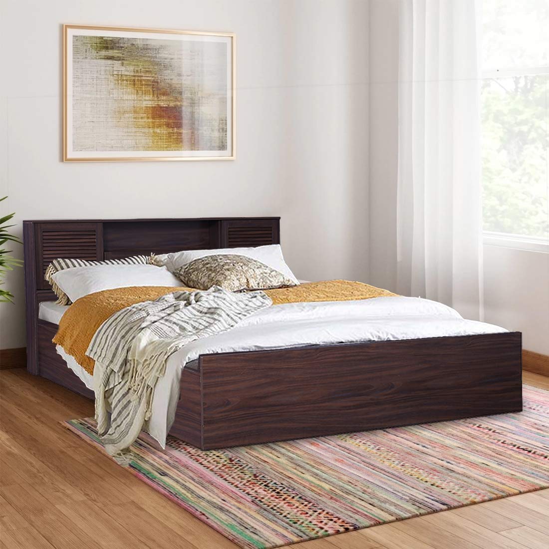 HOMETOWN BOLTON ENGINEERED WOOD HYDRAULIC STORAGE QUEEN SIZE BED - (WALNUT)