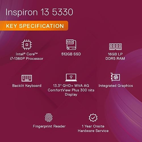 DELL INSPIRON 5330, INTEL EVO PLATFORM POWERED BY INTEL CORE I7-1360P PROCESSOR/ 16GB LP DDR5/ 512GB SSD/13.3