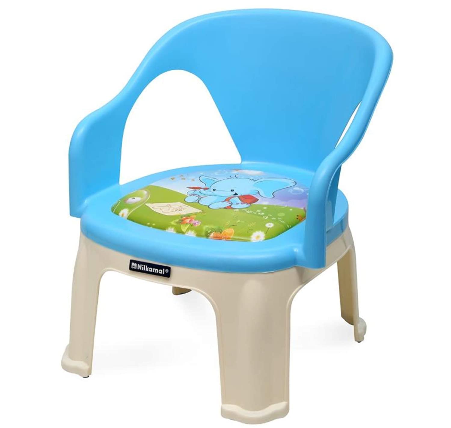 NILKAMAL STRONG AND DURABLE PLASTIC CHAIR WITH CUSHION BASE FOR KIDS (PUPS BLUE), 35 * 36 * 38 CM