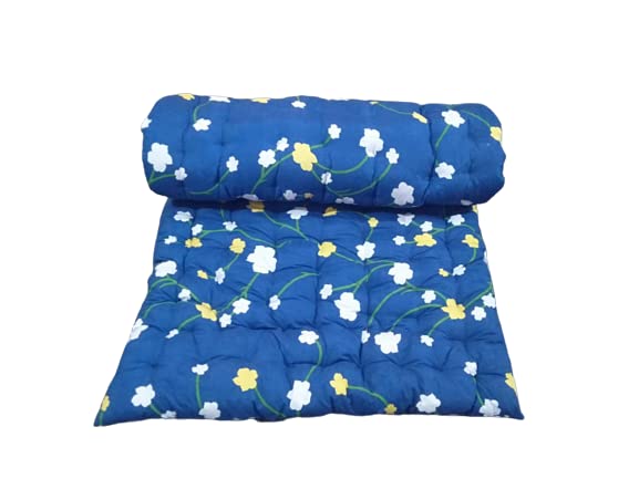 JY SOFT COTTON FLOWER BLUE COLOR PRINTED FOLDABLE LIGHT WEIGHT SINGLE BED MATTRESS, 3 X 6 FT