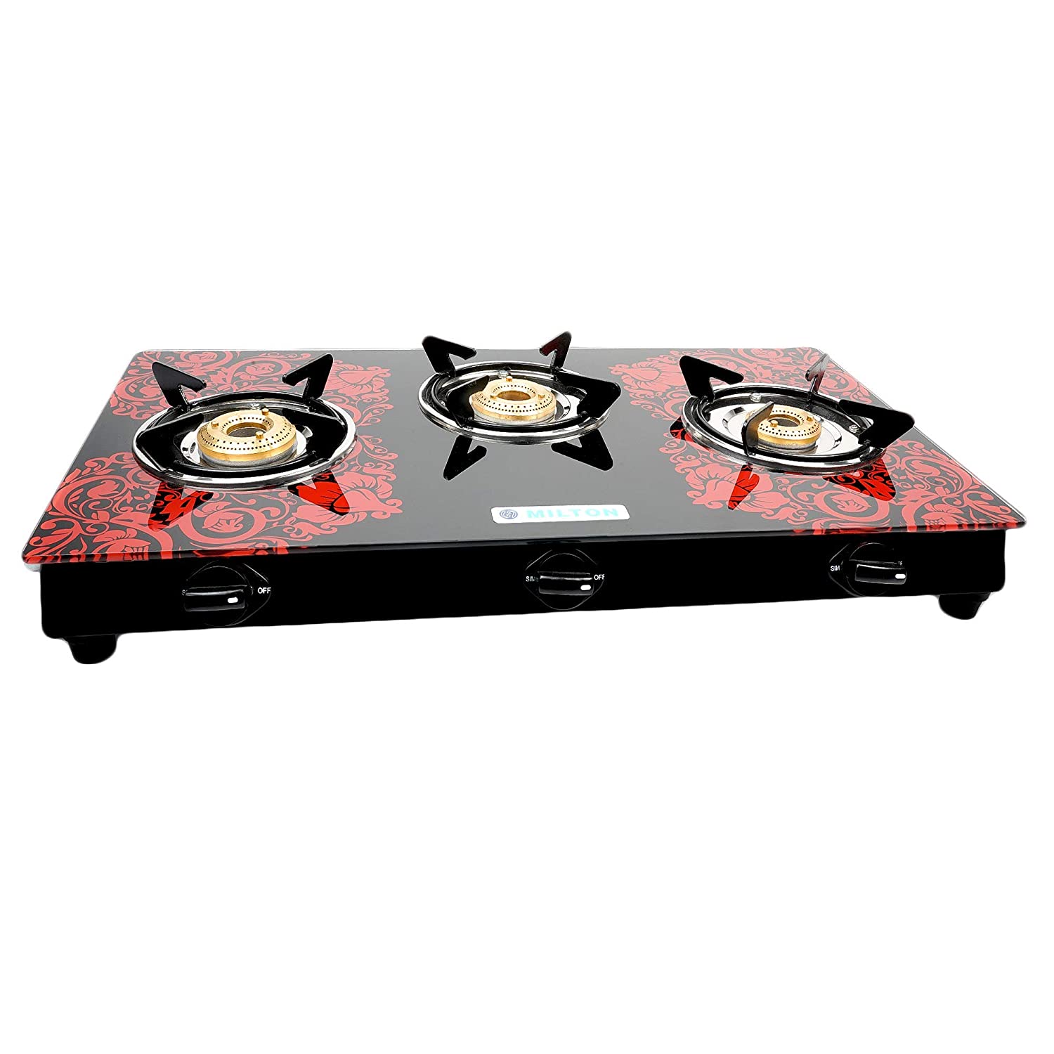 MILTON PREMIUM 3 BURNER RED GLASS TOP GAS STOVE, MANUAL IGNITION LPG STOVE - (ISI CERTIFIED, DOOR STEP SERVICE)