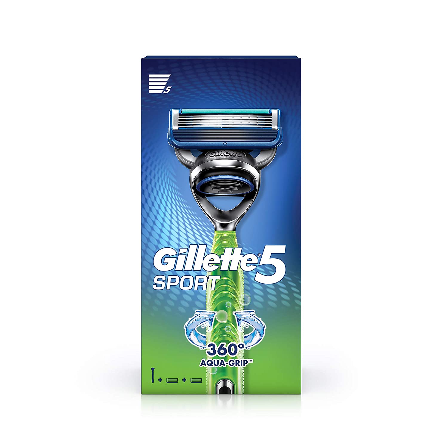 GILLETTE SPORT 5-BLADE NO SLIP AQUAGRIP MEN’S RAZOR + 1 CARTRIDGE