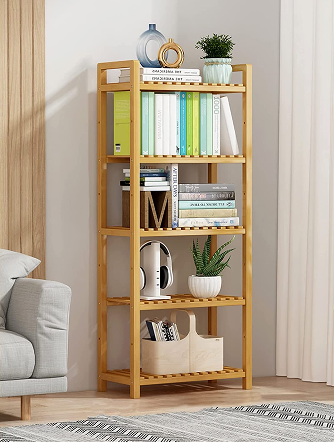 HOUSE OF QUIRK 5 TIER ADJUSTABLE BOOKSHELF, BAMBOO BOOKCASE SHELF STORAGE ORGANIZER, UTILITY SHELF RACK FOR LIVING ROOM BATHROOM KITCHEN OFFICE, BROWN (50X24X120CM, DO-IT-YOURSELF)