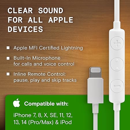 SYMPHONIZED NRG MFI EARBUDS, CERTIFIED LIGHTNING EARBUDS COMPATIBLE WITH APPLE IPHONE/IPAD/IPOD, PREMIUM GENUINE BUBINGA WOOD IN-EAR NOISE ISOLATING EARPHONES, STEREO WIRED HEADPHONES (WHITE)