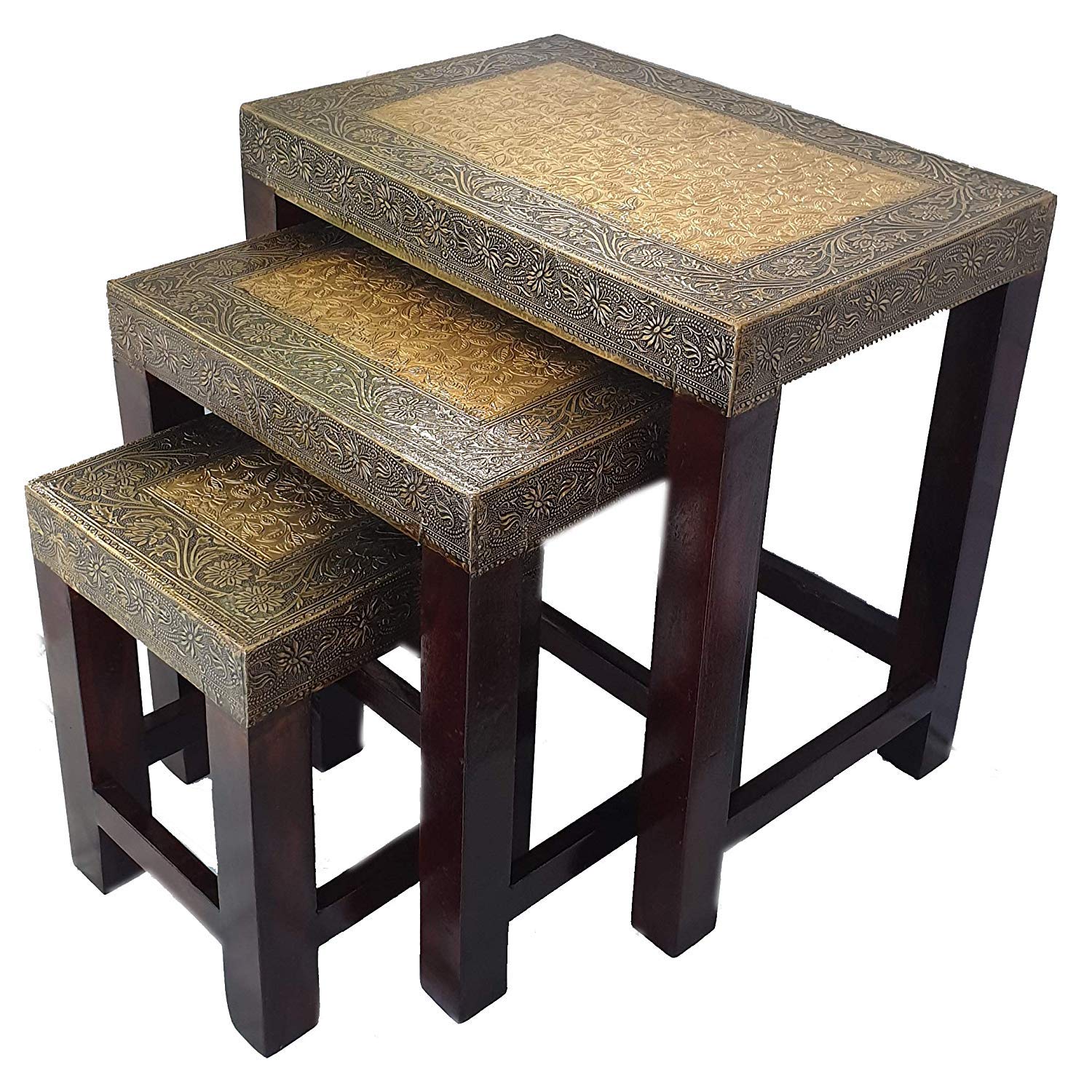 RSN SOLID BRASS BEDSIDE VINTAGE NESTING TABLE SET OF 3 STOOL FOR LIVING ROOM BEDROOM HOME OFFICE