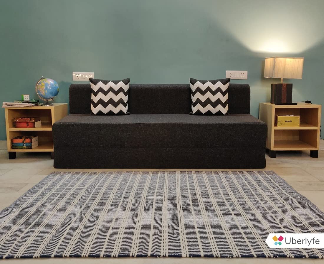 UBERLYFE SOFA CUM BED - 3 SEATER, 6'X6' FEET- WITH 2 CUSHIONS (ZIGZAG PATTERN) - JUTE FABRIC | DARK GREY- PERFECT FOR GUESTS