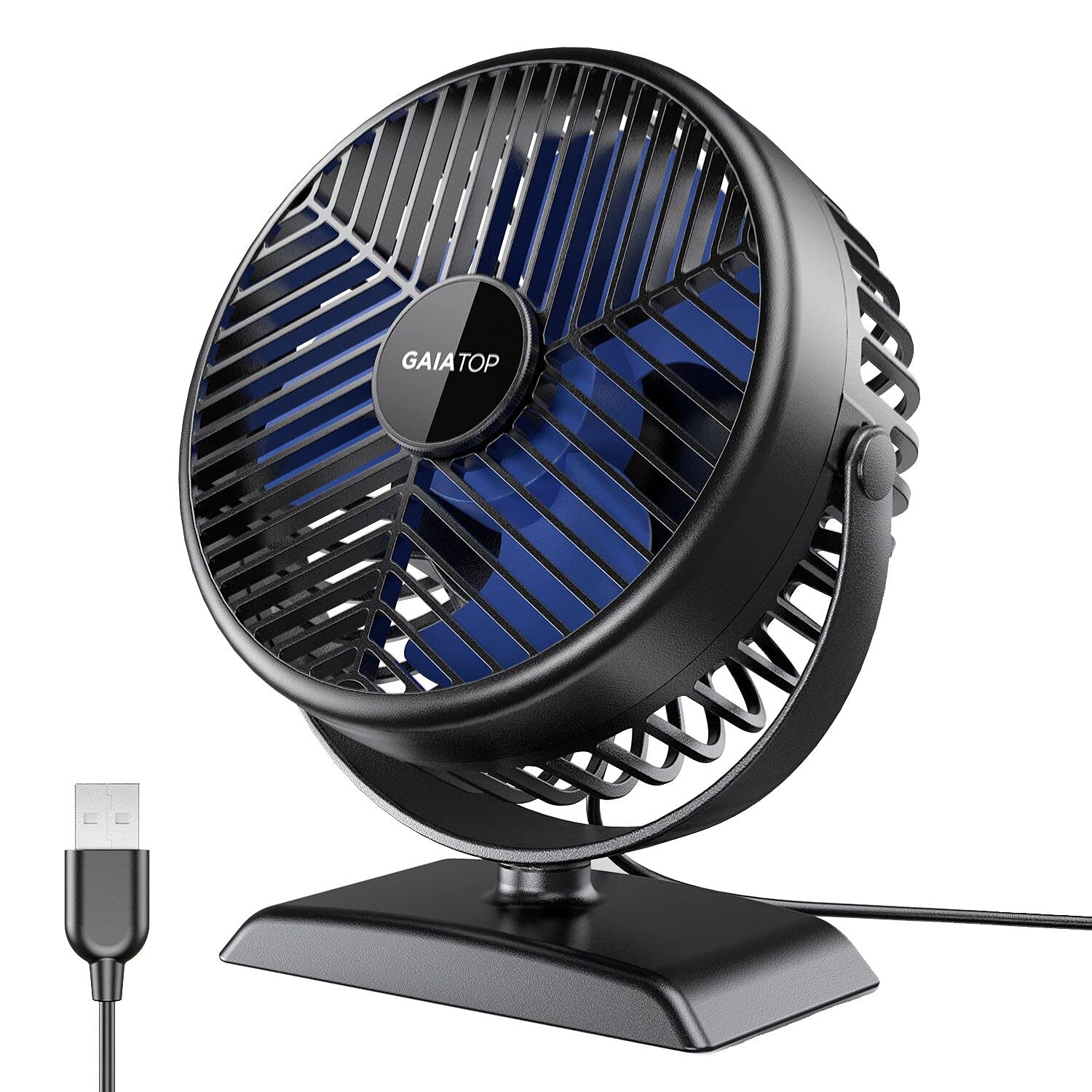 GAIATOP USB DESK FAN, SMALL BUT POWERFUL, PORTABLE QUIET 3 SPEEDS WIND PERSONAL TABLE FAN, DUAL 360° ADJUSTMENT MINI FAN FOR BETTER COOLING, HOME OFFICE CAR OUTDOOR(BLACK BLUE)