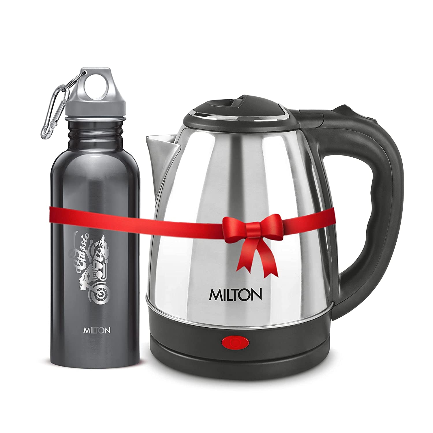 MILTON COMBO SET GO ELECTRO STAINLESS STEEL ELECTRIC KETTLE, SILVER, (1 PIECE) 1.2 LTR AND ALIVE STAINLESS STEEL WATER BOTTLE, (1 PIECE) BLACK, 750 ML