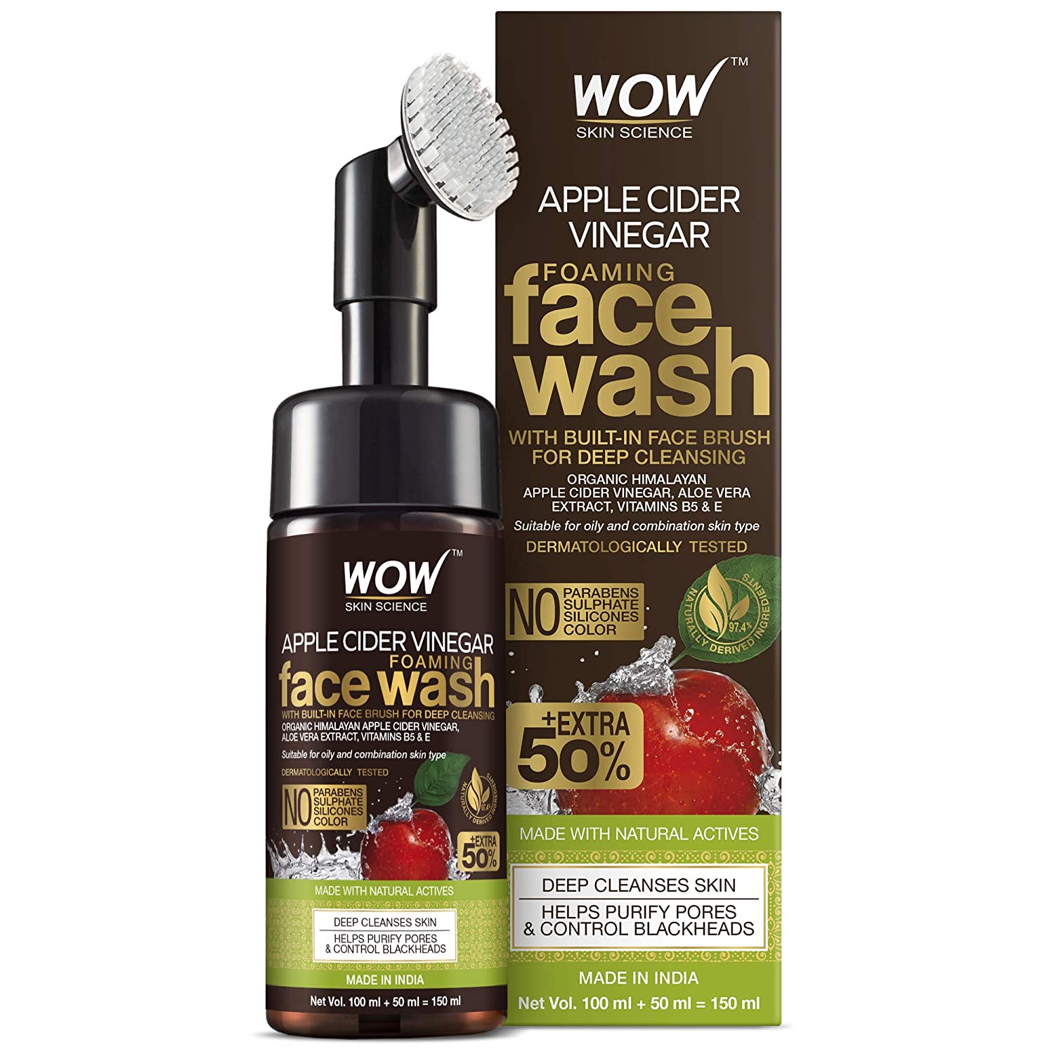 WOW SKIN SCIENCE APPLE CIDER VINEGAR FOAMING FACE WASH - WITH ORGANIC CERTIFIED HIMALAYAN APPLE CIDER VINEGAR - NO PARABENS, SULPHATE, SILICONES & COLOR (WITH BUILT-IN BRUSH) - 150ML